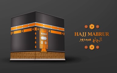 Hajj Mabrur Islamic background. Greeting card with Kaaba and Arabic pattern. Translation Hajj Mabrour, pilgrimage. Vector illustration.