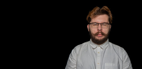 Obraz premium sleepless office worker person bearded hipster middle adult man face portrait insomnia concept depressive mood, simple black background poster copy space for your text