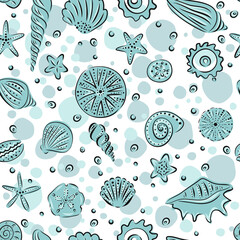 Starfishes and seashells hand drawn vector seamless pattern in white and light blue tones. illustration for babay and kids textille.