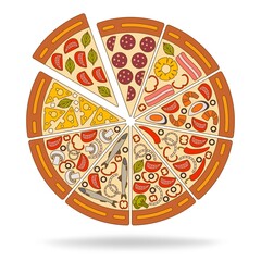 Background with pizza pieces and its ingredients. Vector illustration