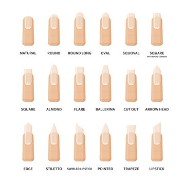 Different shapes of nails set. Collection of fashion female nail forms. Professional manicure. Vector illustration.