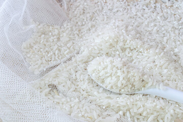 Raw white rice in spoon and bowl, on rice croton and winnowing tray background