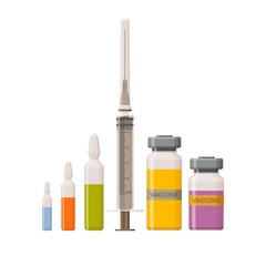 Set of pharmacy icons. Flasks and bottles with vaccine and syringe for injection. Vector illustration.
