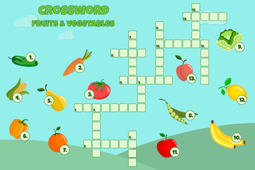 Crossword with fruits and vegetabtes. Vector education game for children. Mini-game for children. Crossword for kids.