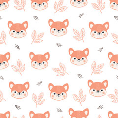 Seamless pattern cute Fox face,children's print on clothes.Vector illustration