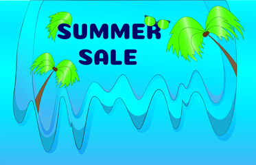 Summer sale advertisement lettering. Beautiful ads banner for travel advertisement, vacation trips, web design, print, t-shirt artwork. Wallpaper design with coconut palms, coconuts, stem, sea waves