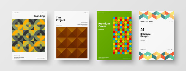Naklejka premium Company identity brochure template collection. Business presentation vector A4 vertical orientation front page mock up set. Corporate report cover abstract geometric illustration design layout bundle.