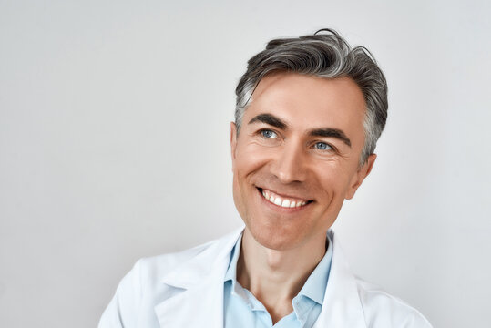 Close Up Portrait Of Senior Cheerful Male Doctor Smiling While Posing Against Grey Background In Studio. Headshot