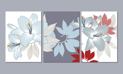 Set of three floral patterns, canvases for the design of the apartment, office, kitchen, bedroom, living room. Home wall decor. Vector floral background with hand-drawn lily flowers.