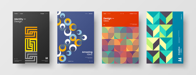 Fototapeta premium Company identity brochure template collection. Business presentation vector A4 vertical orientation front page mock up set. Corporate report cover abstract geometric illustration design layout bundle.