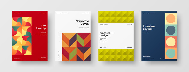 Fototapeta premium Company identity brochure template collection. Business presentation vector A4 vertical orientation front page mock up set. Corporate report cover abstract geometric illustration design layout bundle.