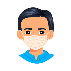 Portrait of young asian man wearing sterile disposable medical face mask for coronavirus protection. Covid-19 pandemy male character avatar, cartoon style boy isolated on white background.