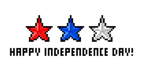 Happy Independence day illustration, pixel art blue, red, white stars isolated. 8 bit 4th of July banner. American holiday greeting card. Old school vintage retro slot machine/video game graphics.