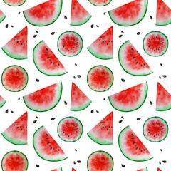 Watermelon slice fruit seamless patterns watercolor hand drawn illustration, fresh healthy food - natural organic food fabric texture on white background. Scrapbook paper