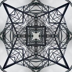 Kaleidoscope from industrial photo - architecture, metal lace, pattern, patchwork. Background for site or blog, packaging, textiles. Grayscale.