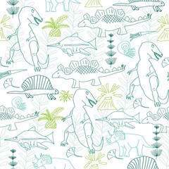 Vector seamless pattern, dinosaurus, tyranosaurus, stegosaurus, horsetail, prehistoric flowers. Linear.