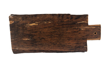 Cutting board top view from above isolated on white background clipping - Wooden brown cutting board flat lay top down view - Real wood domestic cutting board background isolated