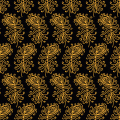 Golden peacock feathers seamless vector pattern. Decorative surface print design for fabrics, stationery, scrapbook paper, gift wrap, home decor, and packaging.