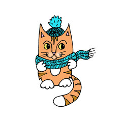 graphic color drawing of a red ginger cat in a knitted turquoise scarf and knitted hat, winter knitting
