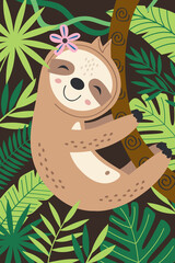poster with sloth hanging on a branch among tropical plants
 -  vector illustration, eps