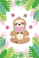 Naklejka premium poster sloth with watermelon among tropical plants - vector illustration, eps