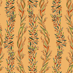 seamless pattern of branches with narrow long leaves and orange flowers on an orange background. graphic drawing.