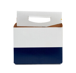 cardboard blue-white box with a handle for transporting glass beer bottles and other drinks