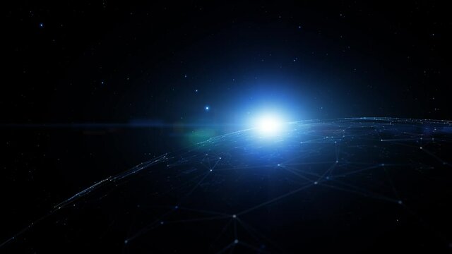 Artistic dark blue universe with glowy sphere rotation and shining flare light animation background.