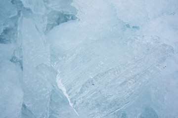 Close up view of shards of melting ice after the lake has started to thaw out for the summer. Abstract view of nature after freezing temperatures. 