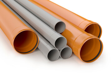 Orange and gray plastic pvc pipes, 3D illustration - obrazy, fototapety, plakaty