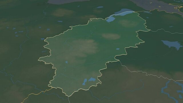 Pskov, region with its capital, zoomed and extruded on the relief map of Russia in the conformal Stereographic projection. Animation 3D