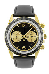 Beautiful men wrist gold watch with a black leather strap. expensive modern watches. isolated on a white background