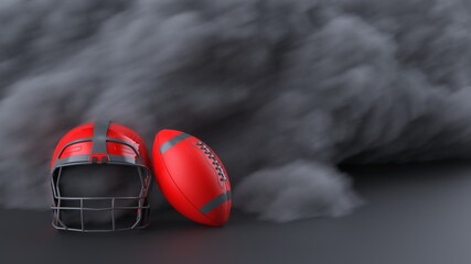 American football Red-Glay helmet and Red-Glay Ball with dark black toned foggy smoke under black-white laser lighting. 3D illustration. 3D high quality rendering.
