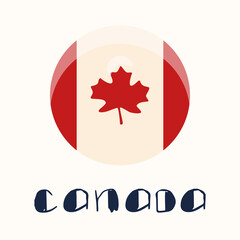 Round canadian flag on white isolated backdrop. Canada text with maple leaf for invitation or gift card, social banner, holiday flyer. Phone case or cloth print. Flat style stock vector illustration