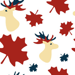 Abstract moose head on white backdrop. Maple leaf seamless pattern for wallpaper, wrap paper, sleeper, bath tile, apparel or bed linen. Phone case or cloth print. Flat style stock vector illustration