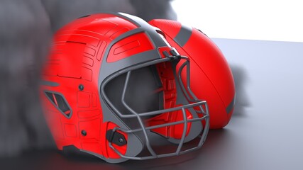 Fototapeta premium American football Red-Glay helmet and Red-Glay Ball with dark black toned foggy smoke under black-white laser lighting. 3D illustration. 3D high quality rendering.