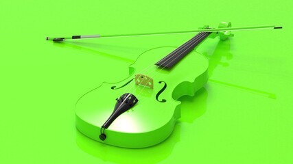 Classic violin on green plate under black-white background. 3D sketch design and illustration. 3D high quality rendering.