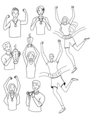 Set of hand drawn vector illustrations. Winning men and women, running to the finish, holding cups and medals. Winners people concept. Contour doodle drawings in simple flat style isolated on white.