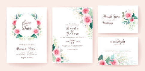 Fototapeta na wymiar Set of wedding invitation template with badge and gold floral decoration. Flowers composition vector for save the date, greeting, thank you, rsvp, etc