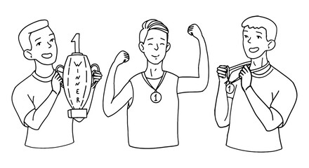 Set of hand drawn vector illustrations. Winning happy men, guys, holding cups and medals. Winners people concept. Contour doodle drawings in simple flat style isolated on white. Elements for design.