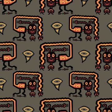 Seamless Tribal Pattern With Ancient Peruvian Animal Motifs. Paracas Textile. Native American Pre Columbian Art.  