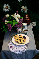 lavender shortbread on a table in a spring garden..style vintage