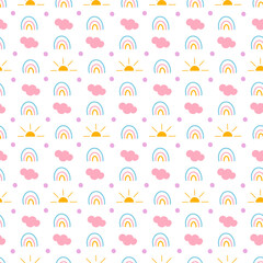Cute rainbow, clouds and sun hand drawn seamless vector pattern. Cute childish drawing in Scandinavian style. Baby wrapping paper, textile, fabric, wallpaper, apparel. vector illustration