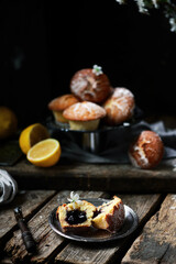 lemon blueberry muffins.dark photo..style rustic