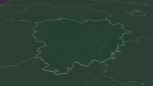 Tula, region with its capital, zoomed and extruded on the administrative map of Russia in the conformal Stereographic projection. Animation 3D