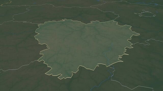 Tula, region with its capital, zoomed and extruded on the relief map of Russia in the conformal Stereographic projection. Animation 3D
