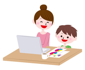 Illustration of woman working from home and child
