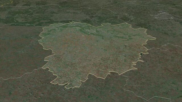 Tula, region with its capital, zoomed and extruded on the satellite map of Russia in the conformal Stereographic projection. Animation 3D