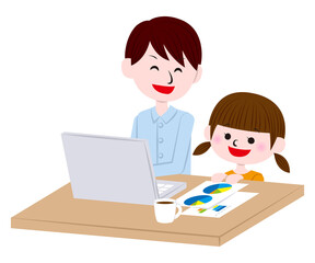 Illustration of man working from home and child