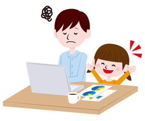 Illustration of man working from home while child making noise	